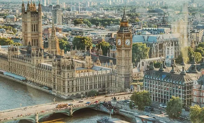 Aerial view of Westminster and the River Thames in London