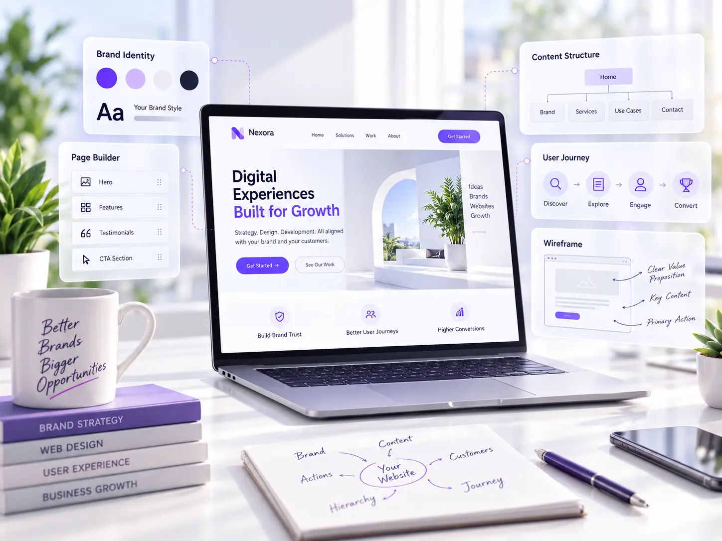 Laptop showing a bespoke website design surrounded by brand identity, page builder,
                content structure and wireframe panels